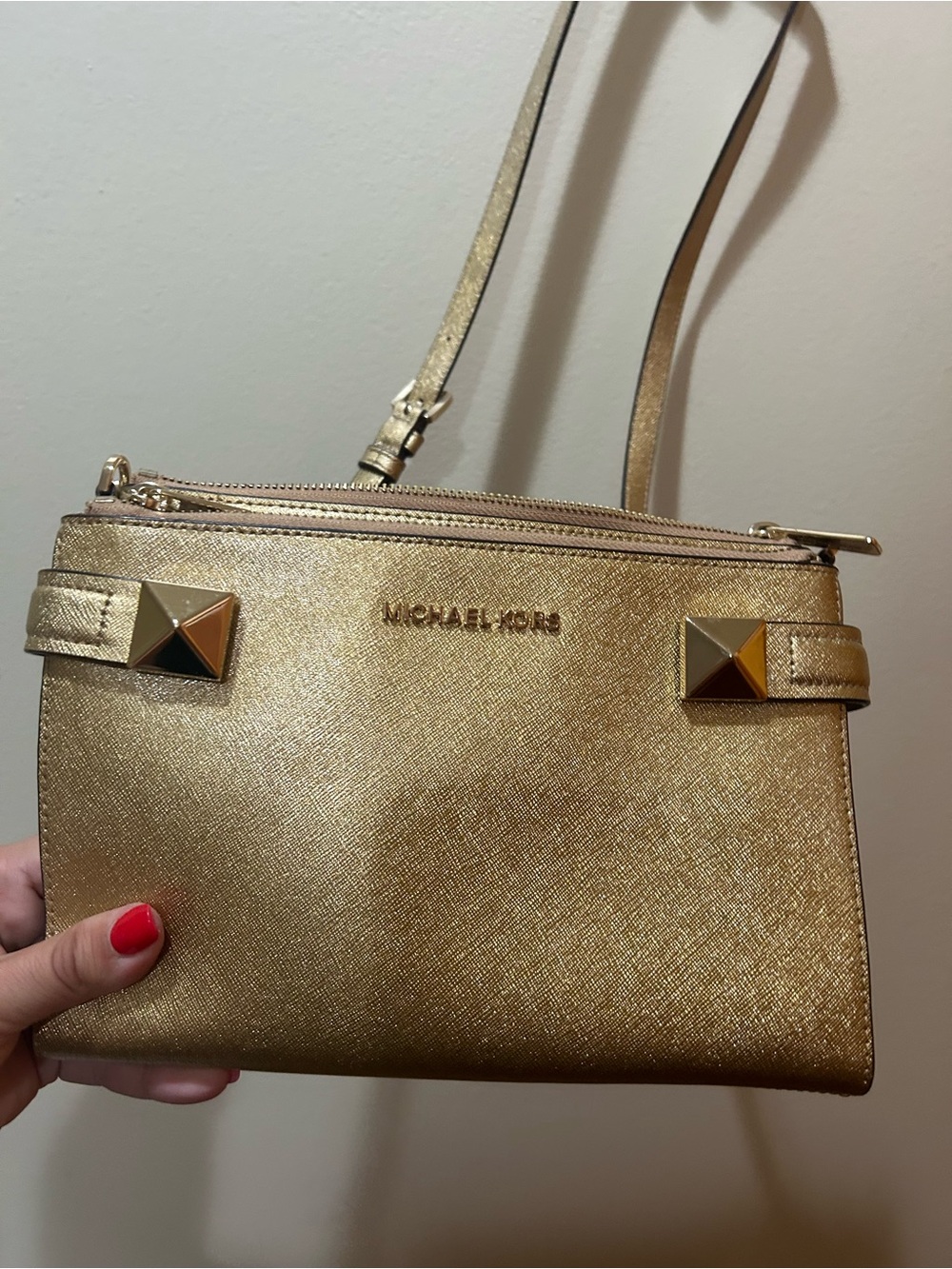 Michael Kors Metallic Gold Crossbody Bag with Stud Accents